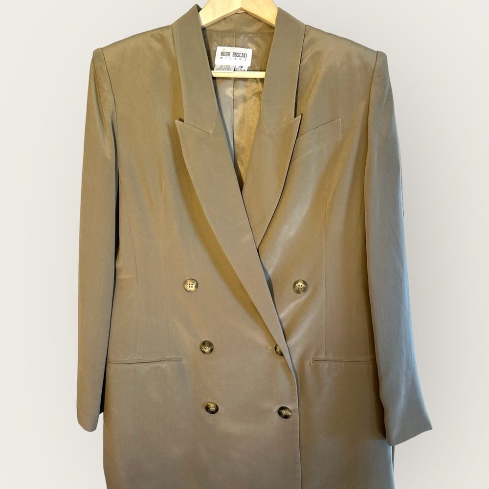Hugo Buscati Milano Skirt Suit 12 Petite Taupe‎ Excellent 100% Silk 2pc Set